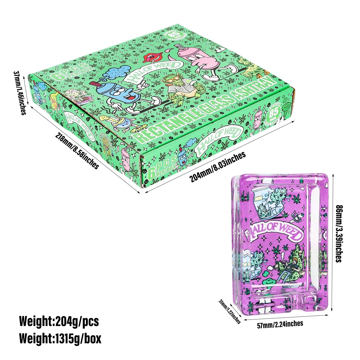 HALL OF WEED Obdélníkový Skleněný Popelník, 86 X 57 mm