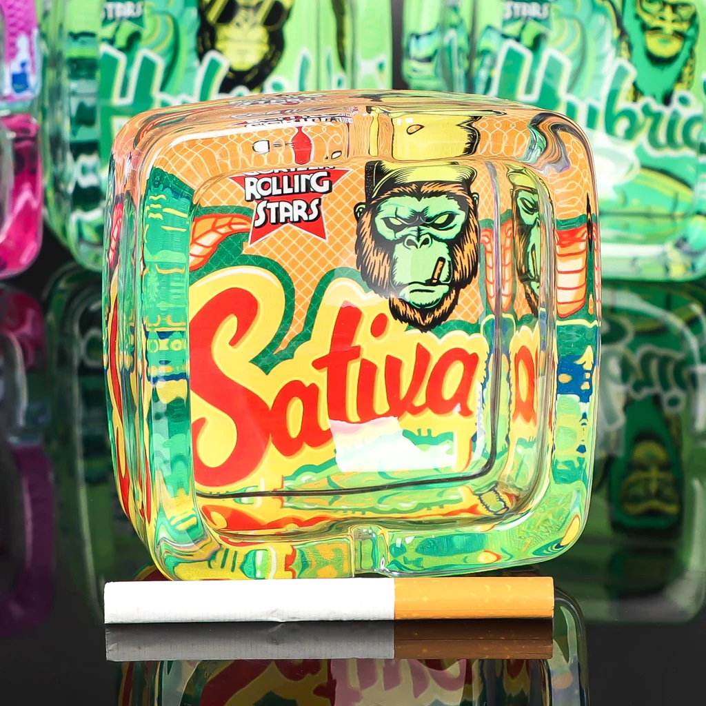 GORILLA ROLLING STARS Shatter Resistant Glass Ashtray, 93 x 93 x 42 mm Square